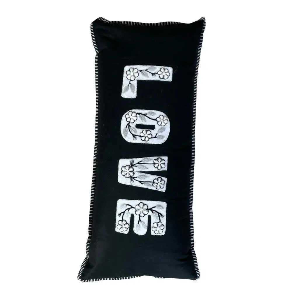 Annie Selke Embroidered LOVE Pillow 15x36 Black & White Valentine Decor NEW